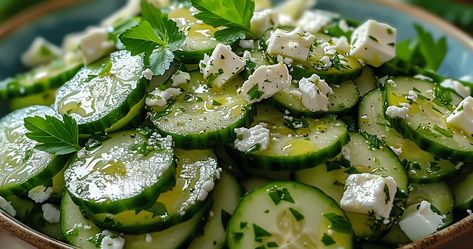 Cucumber feta salad Cucumber Salad With Feta Cheese, Cucumber Salad Vinegar, Cucumber Feta Salad, Salad With Feta Cheese, Lemon Herb Chicken, Parmesan Asparagus, Stuffed Grape Leaves, Garlic Roasted Potatoes, Feta Cheese Salad