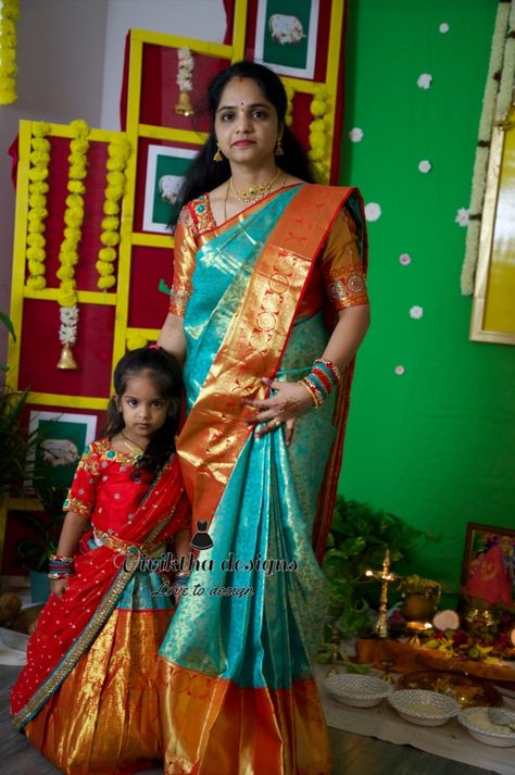 Happy clients #Momanddaughter ethnic ensemble #kanchipattusarees #kanchipattucombo #kanchisarees_viviktha#momanddaughtermatchingoutfits #kidslehangablouse #kanzeevaram #kidscouture #kidsfashion #kidsdesignsbyviviktha Mother Daughter Pattu Sarees, Wedding Kids Outfit, Pattu Dress, Saree Function, Mom And Baby Dresses, Pattu Langa, Daughter Fashion, Half Saree Function, Mom Daughter Outfits