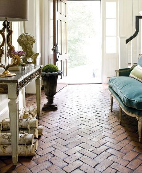 Brick Pavers Indoors Herringbone Brick Floor, Real Estat, Brick Flooring, Atlanta Homes, Pool Design, Design Del Prodotto, Entry Hall, Style At Home, Elegant Homes