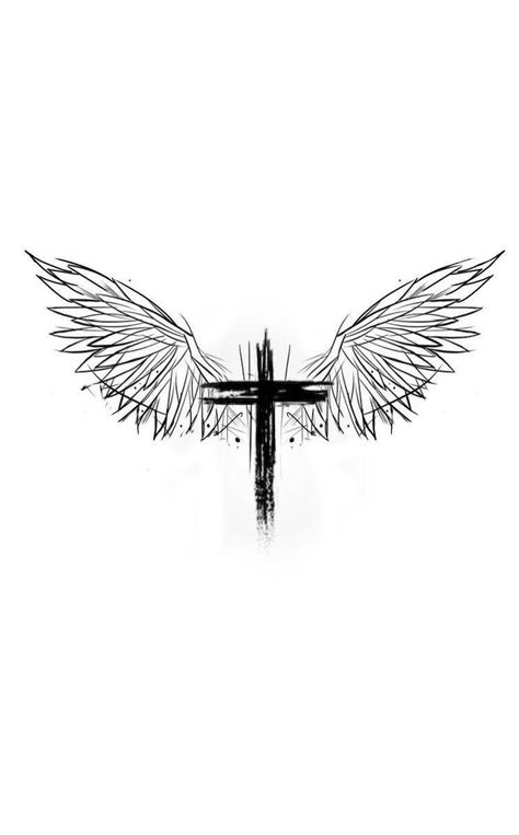 Neck Tattoo For Guys Ideas, Cross Sketch Tattoo, Cross And Wings Tattoo Design, Cross Tattoo Back Of Neck, Cross And Angel Wings Tattoo, Cross With Wings Tattoo Stencil, Cross With Wings Chest Tattoo, Cross Angel Wings Tattoo, Wing Tattoo Arm