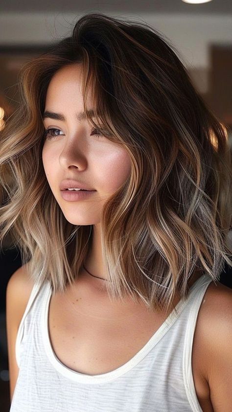 17 Hairstyles for Diamond Faces 2024: Trends and Styles for Every Look Short Lob Haircut Brunettes, Medium Length Haircut Textured Layers, Lob Aline Haircut, Mid Hair For Round Face, Medium Layered Hair Round Face, Shoulder Length Bob Balayage, Long Bob Short In Back, Messy Lob With Curtain Bangs, Lob Haircut On Round Face