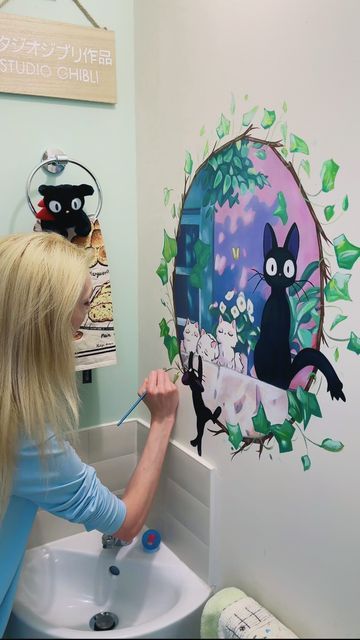 Jamie Jo Art on Instagram: "Kiki’s Delivery Service is my fav 😍 Thought this might be an interesting video to let you know that I do clean dust from my paintings 🎨🧼🫧 and do paint touch ups on the murals in more high traffic areas 😅 I like using lent rollers for the dust, and I don’t have clean too often, but it definitely makes them feel fresh and nice again!  #studioghibli #art #painting #wallmural #homeideas #homedesign #kiki #jiji #kikisdeliveryservice #anime #animemovie #paint #acrylic #animeart #wallart #bathroomdesign #interiordesign" Places Reference, Anime Mural, Ghibli Crafts, Studio Ghibli Crafts, Cartoon Friends, Kiki Delivery, Kiki's Delivery Service, Paint Acrylic, Studio Ghibli Art