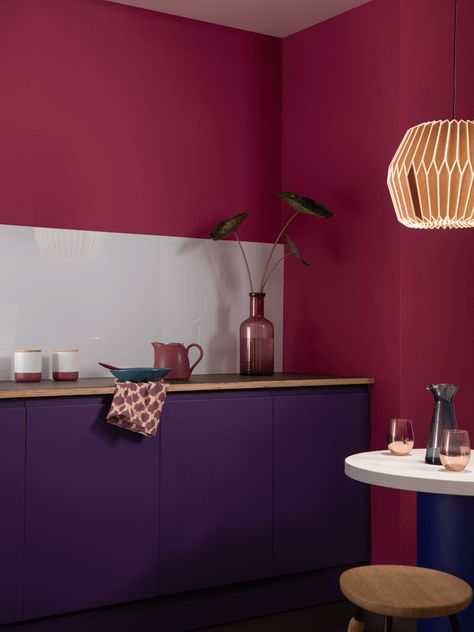 Magenta Kitchen, Magenta Walls, Maximalist Interior, Bold Decor, Accent Wall Paint, Real Kitchen, Interior D, All White Kitchen, Wall Paint Colors