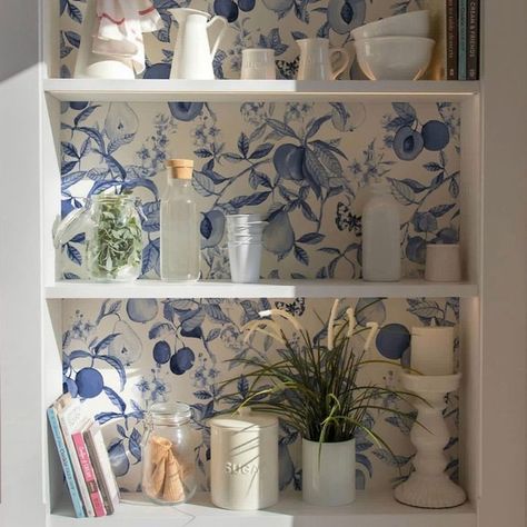 9 Inspiring Kitchen Wallpaper Ideas | The Family Handyman Blue Backsplash Kitchen Wallpaper, White Kitchen Cabinets With Blue Wallpaper, Wallpaper Blue Kitchen, Blue And Cream Kitchen Wallpaper, Grandmillenial Kitchen Wallpaper, Kitchen Wallpaper Ideas Accent Wall, Kitchen Wallpaper Ideas, Retro Style Kitchen, Mismatched Furniture