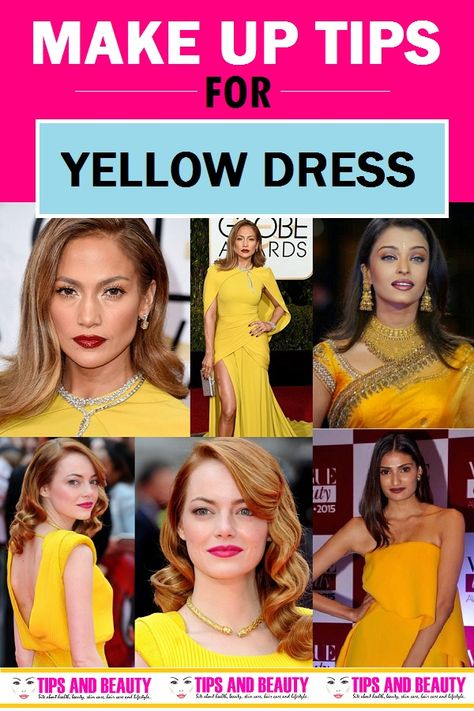 Easy and Perfect Makeup Tips for Yellow Dress. Here, are the eye makeup, lipstick advice and face makeup tips to go with your yellow dress. How to do Makeup for the Yellow Dress Yellow Cocktail Dress Outfit, Yellow Cocktail Dress Evening Party, Yellow Suit Makeup Look, Yellow Dress Red Lips, Yellow Gold Dress Outfit, Makeup Looks For Yellow Outfit, What Color Nails With Yellow Dress, Nail Color With Yellow Dress, Mustard Yellow Dress Accessories