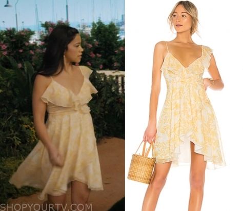 Jane The Virgin: Season 5 Episode 12 Jane's Yellow Floral Dress | Shop Your TV Sitcom Outfits, Jane Outfits, Jane Villanueva, Fashion Movies, Gina Rodriguez, Worn On Tv, Jane Clothing, Yellow Floral Dress, Jane The Virgin