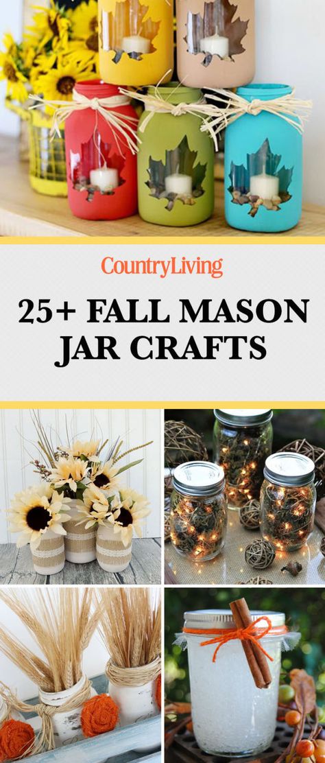 Save these mason jar craft ideas for later by pinning this image and follow Country Living on Pinterest for more. Fall Mason Jar Crafts, Excited For Fall, Fall Mason Jars, Mason Jar Projects, Diy Jar Crafts, Wine Bottle Diy Crafts, Mason Jar Crafts Diy, Mason Jar Gifts, Jar Diy