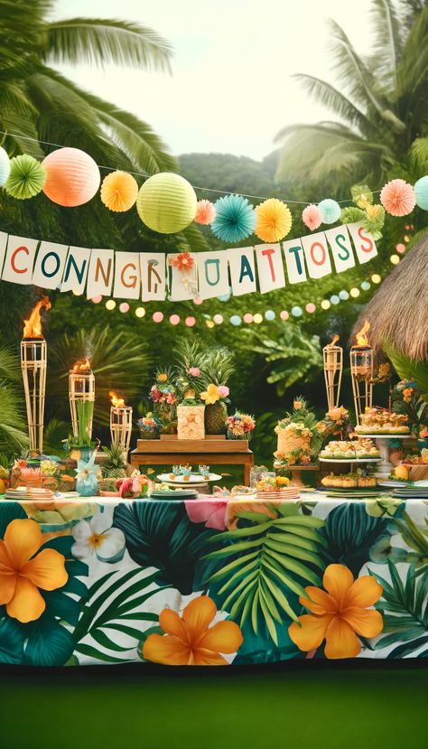 🎓 21 Stunning Graduation Decoration Ideas to Celebrate Your Big Day in Style! 🎉 Hawaiian Party Decor Ideas, Tropical Island Decor Ideas, Lau Theme Party, Beach Graduation Party Ideas, Carribean Party Theme, Adult Hawaiian Birthday Party, Anniversaire Theme Tropical, Island Theme Party Decorations, Tiki Birthday Cake