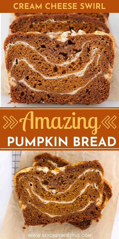 This crave-worthy pumpkin cream cheese bread is an easy quick bread recipe loaded with fall spices and layered with a cream cheese swirl. Pumpkin Bread With Cream Cheese, Pumpkin Cream Cheese Bread, Easy Quick Bread, Bread With Cream Cheese, Cream Cheese Swirl, Quick Bread Recipes Easy, Homemade Baked Bread, Cream Cheese Bread, Quick Bread Recipe