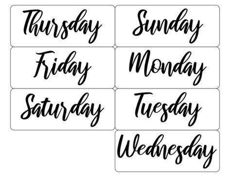 Use this printable label template for labeling the days of the week on a DIY calendar. Design features Sunday-Saturday written in a delicate cursive font. Diy Calendar Design, Printable Label Templates, Free Label Templates, Free Planner Templates, Transparent Labels, Journal Fonts, Pretty Fonts, Free Printable Stickers, Labels Printables Free