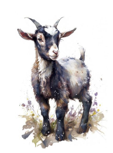 Watercolor Illustration Animals, Goat Watercolor Painting, Goat Pictures Art, Baby Goat Drawing, Goat Art Illustration, Cute Goat Art, Goat Watercolor, Watercolor Goat, Goat Pictures