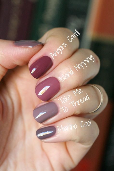 Essie Mauve Comparison : Merino Cool, Angora Cardi, Island Hopping & Take Me To Thread | Essie Envy Pedicure Gel, Mauve Nails, Nagellack Trends, Easy Chic, Essie Nail Polish, Colorful Nail Designs, Nail Health, Essie Nail, Fall Nail Colors