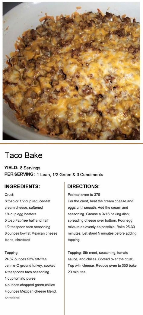 Baked Tacos Recipe, Lean Protein Meals, Green Breakfast, Taco Dinner, Lean And Green, Green Meals, Taco Bake, Lean And Green Meals, Bariatric Recipes