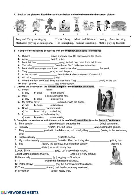 Present Simple vs. Present Continuous - Interactive worksheet Present Progressive Worksheet For Kids, Present Simple Vs Continuous Worksheets, Present Simple Vs Present Continuous, Present Simple Present Continuous, Present Continuous Worksheet, English Grammar Test, Present Continuous Tense, Word Formation, Simple Present Tense