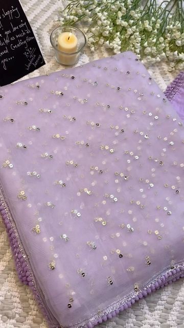 wardrobe luxury by Shreya on Instagram: "When lavender is on your mind .Beautiful lavender net saree with sequin work all saree and Pom Pom detailing lace.To buy wtsapp or dm us at 8851109873 .we are also available on amazon and flipkart. #saree #sareelove #sareedraping #sareefashion #sareelovers #sareeindia #sareeonline #sareecollection #designersarees #netsaree #lavender #lavendersaree #purplesaree #sari #wardrobeluxury #sareeoverseas #sareedubai #sareecanada #indianfashion #sareeblogger #ethn Lavender Net Saree, Lavender Sari, Lavender Stuff, Lavender Saree, Farewell Sarees, Lehenga Designs Simple, Purple Saree, Net Saree, Lehenga Designs