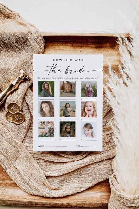 Make your bridal shower unforgettable with the "How Old Was the Bride to Be Game." This printable game is perfect for couples showers and modern bridal showers, adding a fun and interactive element to the celebration. Test your guests' skills in guessing the age of the bride in different photos, making it a photo guessing game that will have everyone laughing and reminiscing. With instant download and easy editing features, this boho bridal shower game is a must-have for a memorable wedding show Bridal Shower Game Guess The Age, How Old Was The Bride, Guess The Age Bridal Shower Game, How Old Is The Bride Game, How Old Was The Bride Game, Bridal Shower Photo Ideas, Bridal Shower Pictures, Couple Shower Games, Bride Game