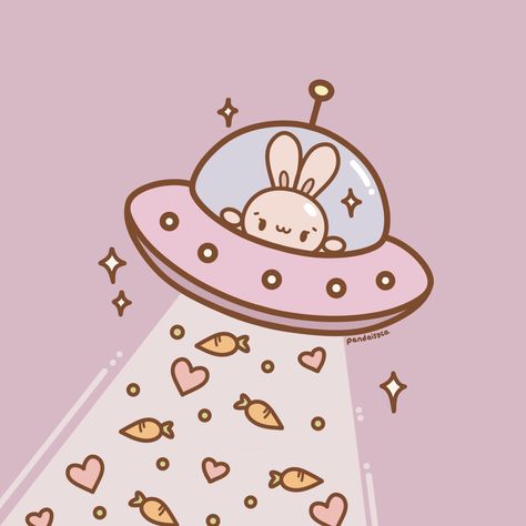 Illustration of a galactic bunny in a spaceship beaming up carrots and love. Cute Pastel Illustration, Kawaii Space Art, Cute Spaceship Drawing, Kawaii Spaceship, Cute Alien Art, Cute Spaceship, Bunny In Love, Space Kawaii, Bloom Aesthetic