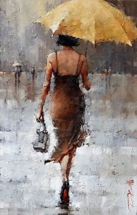 Andre Kohn Painting, Andre Kohn Art, Andre Kohn, Umbrella Art, Landscape Photos, Painting Ideas, Watercolor Art, Umbrella, Dog Cat