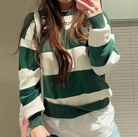 Green Striped T Shirt Outfit, Green And White Striped Sweater Outfit, Green And White Striped Sweater, Green And White Sweater Outfit, Striped Green Shirt Outfit, Green And White Striped Shirt Outfit, Green Striped Sweater Outfit, Striped Sweater Outfit Aesthetic, Blue Striped Top Outfit