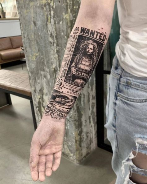 Harry Potter Tattoo Sleeve, Tatuaje Trash Polka, Hogwarts Tattoo, Harry Tattoos, Mangas Tattoo, Hp Tattoo, Harry Potter Tattoos, Harry Potter Tattoo, Tattoo Now