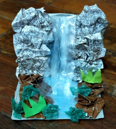 Waterfall Craft Preschool, Venezuela School Project Ideas, Waterfall Craft, Landforms Project, Landform Projects, Storybook Crafts, Diy Waterfall, Adventure Island, Waterfall Art