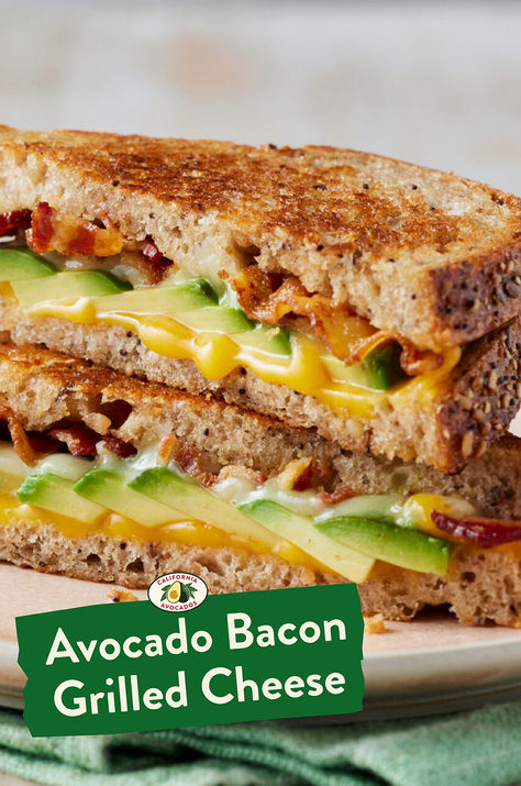 This classic grilled cheese sandwich recipe goes deluxe with the addition of fresh California Avocado and crispy bacon. Bacon Grilled Cheese Sandwich, Cheese Game, Bacon Grill, Sandwiches Lunch, Grill Cheese, Wraps And Sandwiches, Bacon Grilled Cheese, Grilled Sandwiches, Gourmet Grilled Cheese