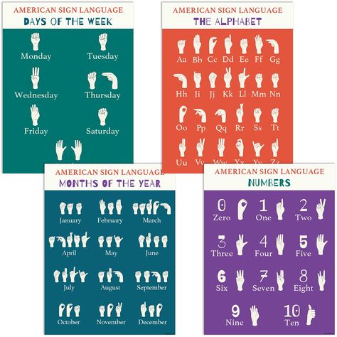 PRICES MAY VARY. [4 ASL Posters] Sign Language Poster Set includes one of each: Days of the Week, Months, Numbers and an ASL Alphabet Poster. [Easy Learning] ASL posters for classroom have bold signs for quick reading, visual learning and for easy signing. Start with the Alphabet Sign Language poster and each ABC sign to have a baseline for further ASL education. [Size] Each Flat Packed Sign Language chart is 13x17 inches. Perfect for your home, office, classroom or homeschool environment. [Qual Sign Language Chart, Posters For Classroom, Hubble Bubble, Sign Language Phrases, Alphabet Signs, Sign Language Words, Asl Learning, Asl Sign Language, Sign Language Alphabet