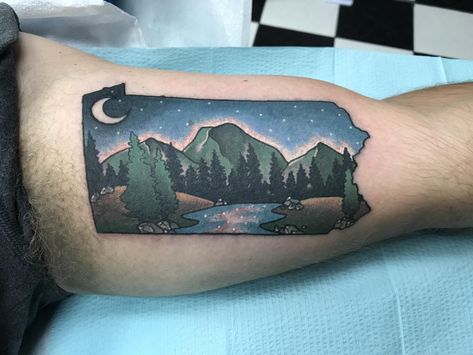 Pennsylvania scene by Gaby at Evolution tattoo in State College PA Pennsylvania Tattoo, Law Tattoo, Teardrop Tattoo, Evolution Tattoo, State Tattoos, State College Pa, Map Tattoos, Japanese Sleeve Tattoos, About Tattoo