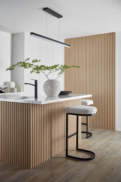 Kitchen Island Back Panel Ideas Modern, Slatted Kitchen Island, White And Wood Kitchen Ideas, Island Paneling, Wood Panel Accent Wall, Kitchen Panelling, Shiplap Bar, Outdoor Wall Panels, Waterproof Wall Panels