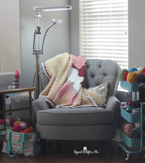 OttLite 3-in-1 Craft Floor Lamp Review and Giveaway Crochet Chair, Ikea Raskog, Knitting Room, Bedroom Nook, Repeat Crafter Me, Cozy Crochet, Room Redo, Craft Corner, Cozy Corner