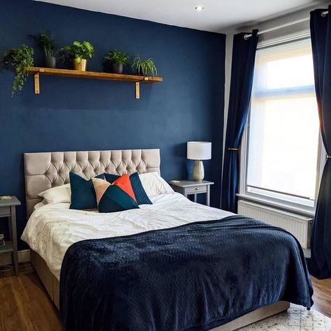 Blue Curtains Bedroom Ideas, Bedroom Blue Curtains, Blue Bedroom Curtains, Navy And Gold Bedroom, Blue Feature Wall Bedroom, Blue Wall Bedroom, Bedroom Blue Walls, Ideas For Bed, Wall Paper Ideas