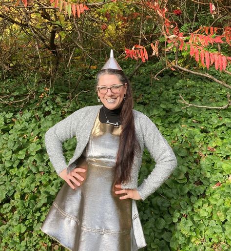 Tin Woman/ Tin Man Costume, Silver dress, Halloween costume, fashion over 40, Shelbee on the Edge, Wizard of Oz Costume Diy Tin Man Costume Women, Tin Man Costume For Women, Diy Tin Man Costume, Tin Man Costume, Rainbow Halloween Costume, Tin Man Costumes, Wizard Of Oz Costume, Oz Costume, Rainbow Halloween