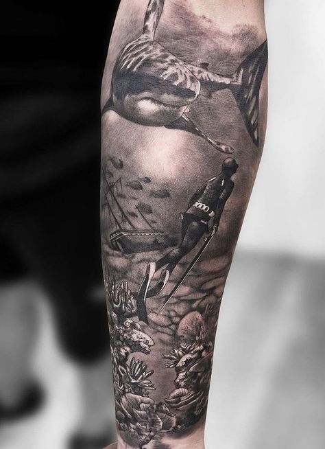 Underwater Shark Tattoo, Black And Gray Ocean Tattoo, Underwater Tattoo Sleeve Black And White, Aquatic Tattoo Men, Tropical Tattoo For Men, Underwater Tattoo Design, Shark Sleeve Tattoo, Shark Tattoo Sleeve, Tiger Shark Tattoo