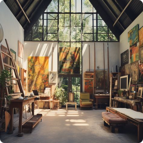 Painting Atelier Studios, Private Art Studio, Paris Art Studio, Paint Studio Aesthetic, Oil Paint Studio, Art Studio Gallery, Luxury Art Studio, Painting Studio Ideas, House With Art Studio