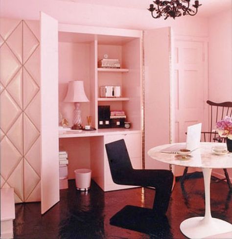 Windowless Office Ideas, Windowless Office, Pink Kitchen Appliances, Home Office Inspiration, Small Space Office, Pink Office, Rental Decorating, Upholstered Panels, Pink Kitchen