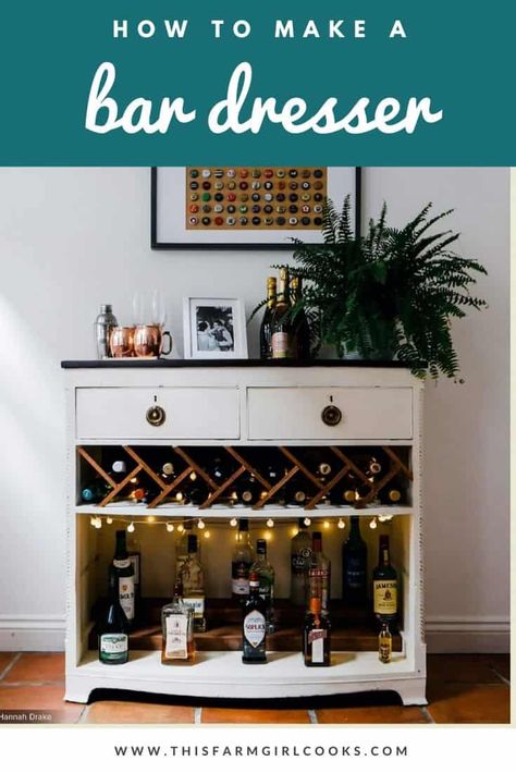 Try an out of the box idea of repurposing a dresser, cabinet or stylish credenza by turning it into an in-home bar dresser! DIY ideas for styling an old dresser into a bar dresser! #bardresser #barcart #diybar Repurposing A Dresser, Bar Dresser, How To Make A Bar, Home Bar Cart, Bar Cart Essentials, Dresser Bar, Dresser Diy, Bar Aesthetic, Home Bar Cabinet