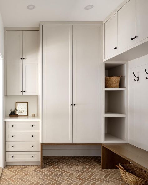 Mudroom Studio Mcgee, Mudroom Cabinets With Doors, Entryway Cupboard, Tying Shoelaces, Built In Lockers, House Pantry, Mudroom Cabinets, Entry Closet, Room Needs