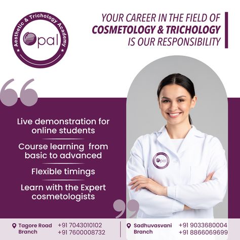 Embark on a rewarding career in trichology and cosmetology with Opal Clinic! 👨‍🔬📝 Our comprehensive workshops provide the hands-on practice and study materials you need to succeed. 📚💯 Join now! Opal Clinic Rajkot, Gujarat #Trichology #Cosmetology #OpalClinic #CareerGoals #Education #SkillsTraining Social Media Advertising Design, Online Student, Career Goals, Beauty Industry, Study Materials, Cosmetology, Advertising Design, Hands On, The Secret