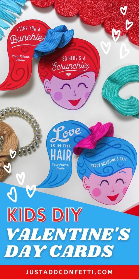 Cute Kid Valentine Ideas, Girls Class Valentines, Love Is In The Hair Valentine, Date Treats, Kids Valentines For School, Scrunchie Valentine, Days Of Valentine, Valentines For School, Loving Boyfriend