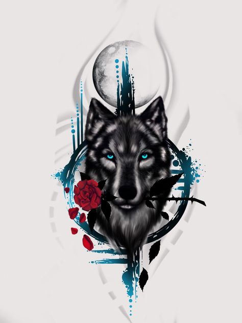 Wolf Cover Up Tattoos For Women, Wolf With Rose, Gg Tattoo, Protector Tattoo, Wolf And Moon Tattoo, Wolf Tattoos For Women, Luna Tattoo, Cover Up Tattoos For Women, Celestial Tattoo