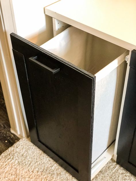 DIY Sliding Laundry Cabinet — Kayla Simone Home Pull Out Laundry Hamper Cabinet, Tilt Out Laundry Hamper Cabinet Diy, Sliding Laundry Baskets, Laundry Hamper Cabinet Diy, Laundry Basket Cabinet Diy, Diy Hamper Cabinet, Diy Basin Cabinet, Diy Built In Laundry Hamper, How To Build Tilt Out Laundry Hamper