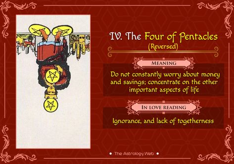 4 Of Pentacles, Pentacles Tarot Meaning, Four Of Pentacles, Nine Of Pentacles, Learning Tarot, Tarot Interpretation, The Magician Tarot, Pentacles Tarot, Tarot Significado