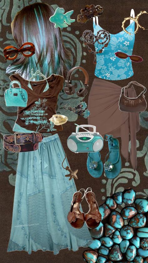 I’m not sure what to name this style, any ideas are appreciated. Aqua Outfit, Turquoise Clothes, Brown Y2k, 2000s Clothes, Brown Outfit, Aqua Color, Vintage Summer, Dream Clothes, Color Combos