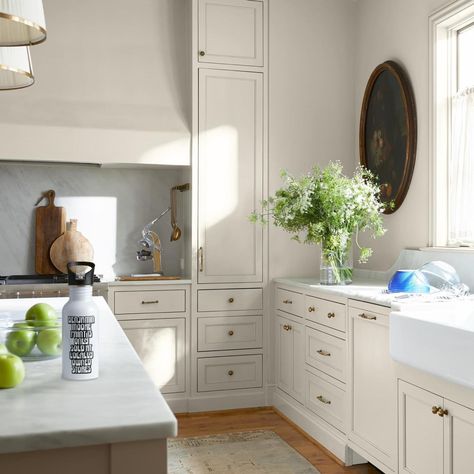 Benjamin Moore Gray Mist, Sink Kitchen Island, Benjamin Moore Kitchen, Designer Paint Colors, Benjamin Moore Gray, Cabinet Trim, Popular Paint Colors, Sink Kitchen, Painted Kitchen