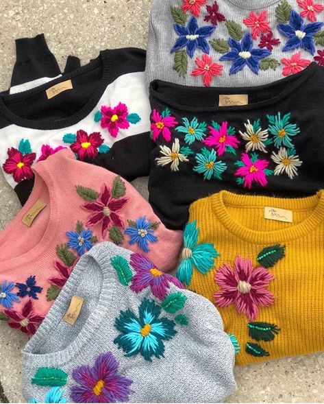 Professional Sweater, Diy Embroidery Shirt, Embroider Ideas, Woolen Flower, Hand Embroidery Dress, Embellished Clothing, Embroidery Tshirt, Embroidery Sweater, Wool Embroidery