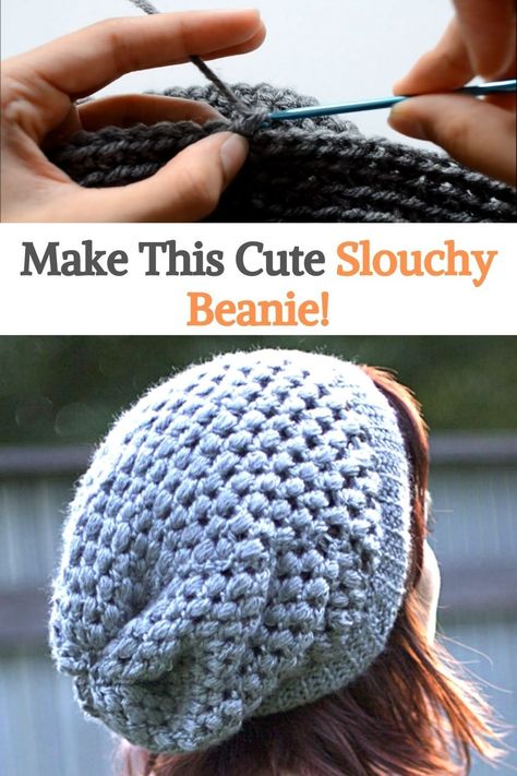 Crochet Baggy Beanie, Baggy Beanie Crochet Pattern, Crochet Touque, Hat With Braids, Crochet Slouchy Beanie, Knit Ideas, Crochet Ear Warmer, Crochet Hat Free, Crochet Summer Tops