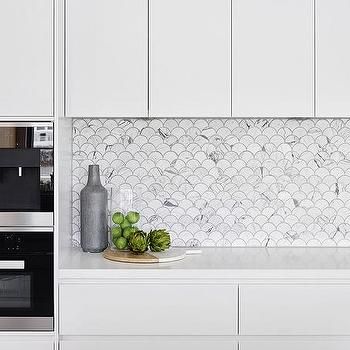 Carrera Marble Fan Shaped Fish Scale Tile Backsplash, Modern, Kitchen Fish Scale Tile Backsplash, Flat Front Cabinets, Gorgeous White Kitchen, Scale Tile, Kitchen Quartz, Backsplash Tile Design, Tile Backsplash Bathroom, Trendy Bathroom Tiles, Fish Scale Tile