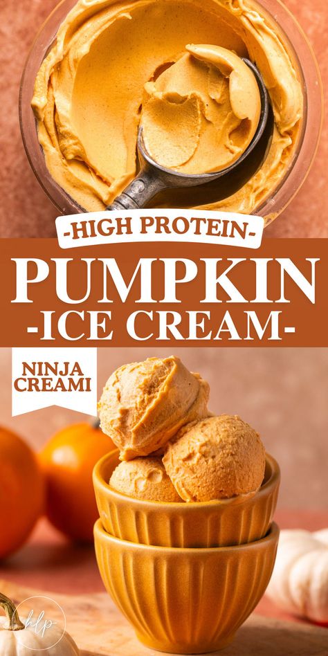 two orange bowls stacked with protein pumpkin ice cream Homemade Pumpkin Ice Cream, Pumpkin Ice Cream Recipe, Ninja Ice Cream Recipe, Protein Ice Cream Recipe, Dessert Thanksgiving, Easy Potluck, Pumpkin Pie Ice Cream, Pie Ice Cream, Healthy Ice Cream Recipes