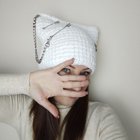 White cat ears beanie crochet with chain and charms for women Cat Ears Beanie Crochet, Beanie With Cat Ears, Square Beanie, Hat With Cat Ears, Cat Ears Beanie, Goth Hat, Cat Ear Beanie, Ear Beanie, Cat Ears Hat