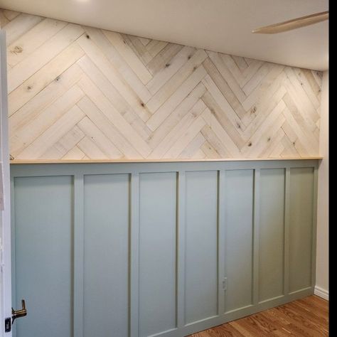 Herringbone Wallpaper With Shiplap, Herringbone Wall Bedroom, Pine Wood Accent Wall, Shaker Accent Wall, Accent Wall Bottom Half, Three Quarter Accent Wall, Split Wall Ideas, Diy Wood Panel Wall Wainscoting, Vertical Wood Accent Wall Nursery